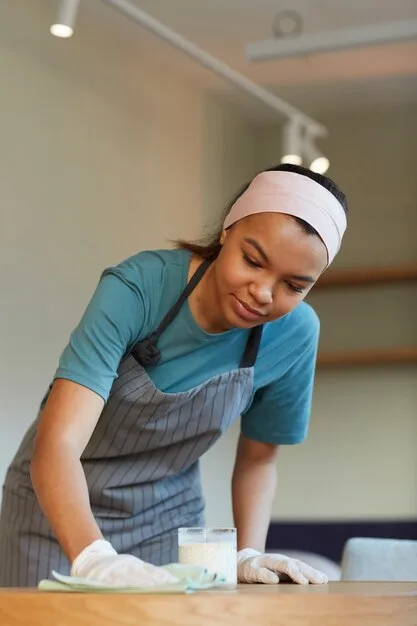 vertical portrait young mixed race waitress cleaning table cafe coffee shop while preparing opening morning 236854 30592